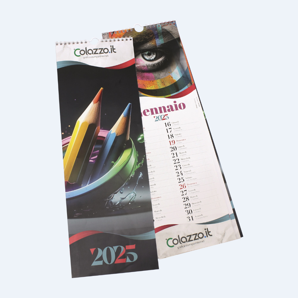 Calendari da Parete 7 fogli totalmente personalizzati con stampa a colori di 14 immagini e logo della vostra azienda. Modello 160x470mm.