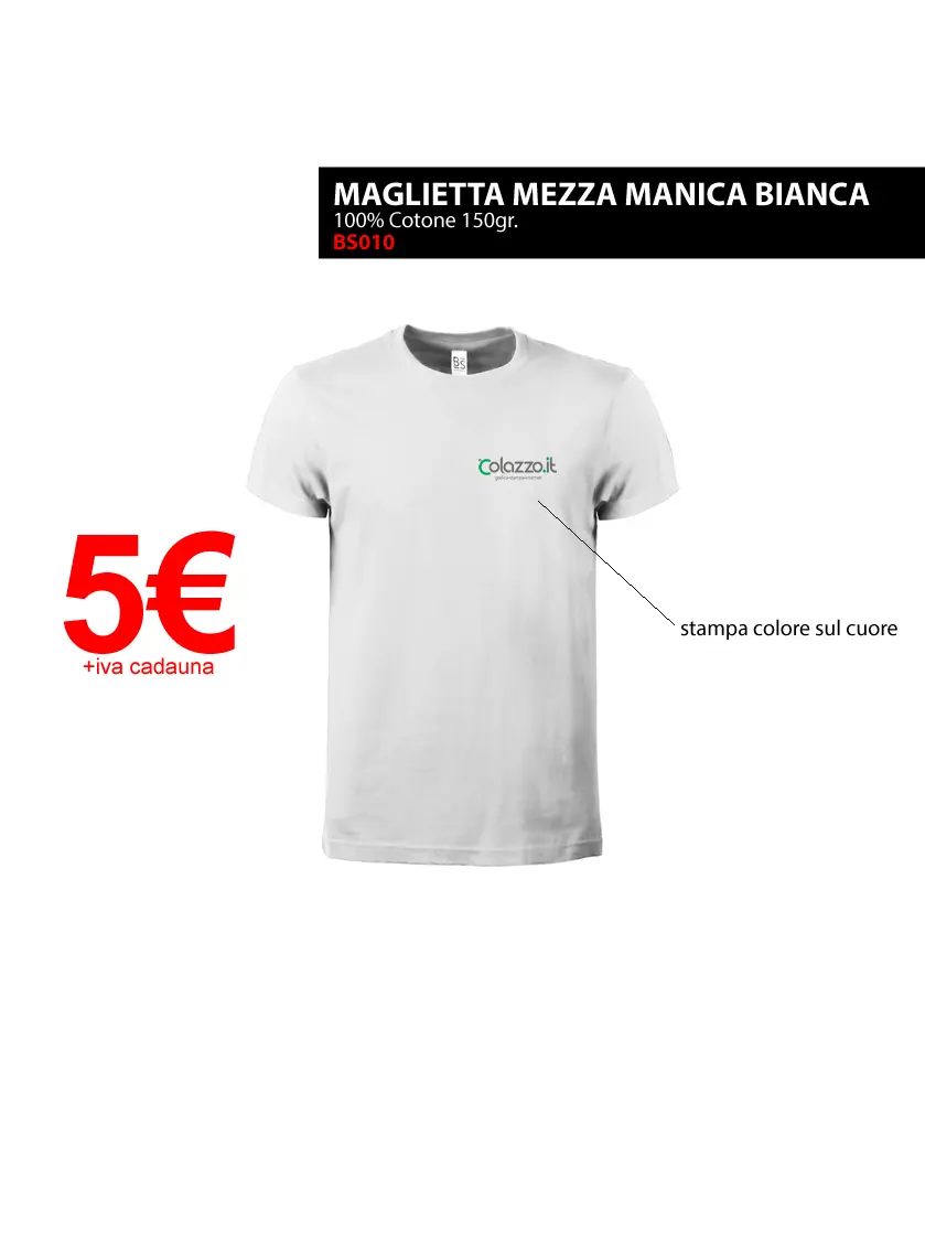 Maglietta Mezza Manica Bianca 100% cotone 150gr con stampa a colori sul cuore