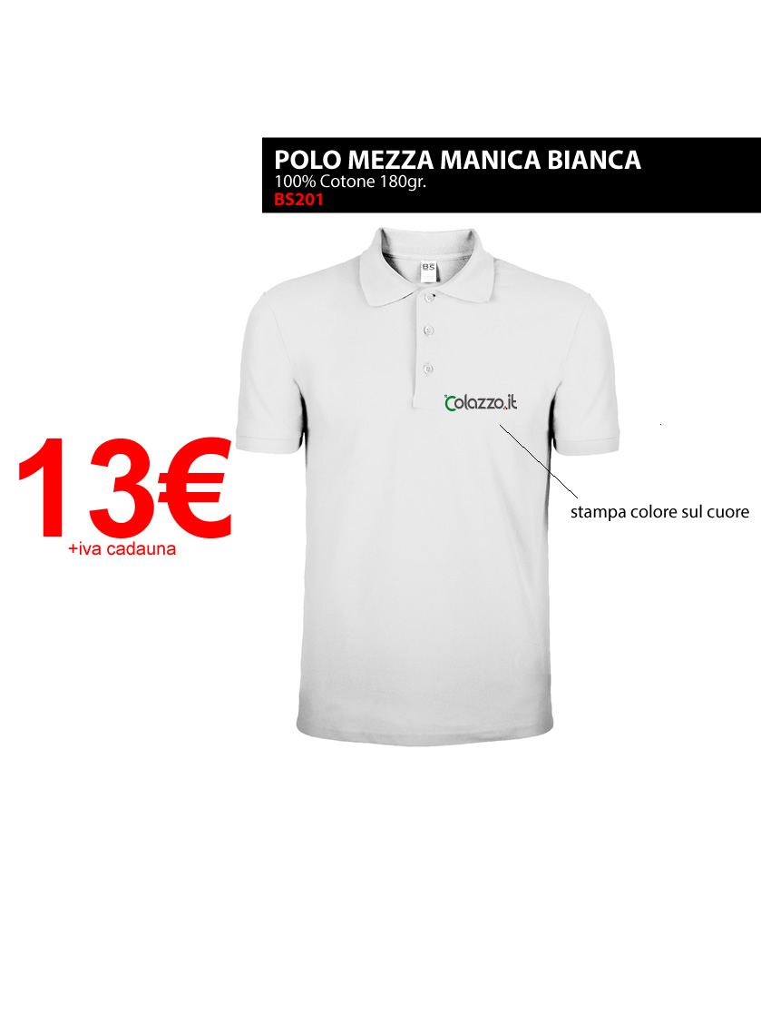 Polo Mezza Manica Bianca 100% cotone 180gr con stampa a colori sul cuore