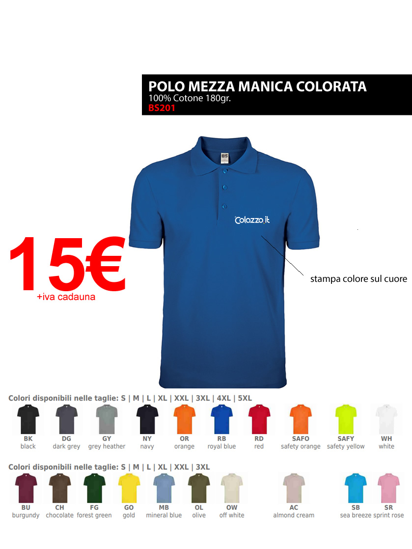 Polo Mezza Manica Colorata 100% cotone 180gr con stampa a colori sul cuore